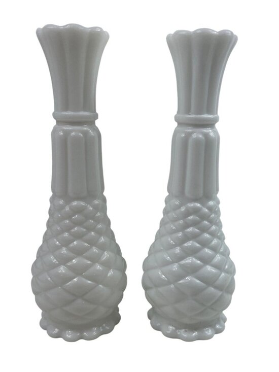 Anchor Hocking Other - Vintage Anchor Hocking White Milk Glass Pineapple Bud Vase 9” Tall Set of 2